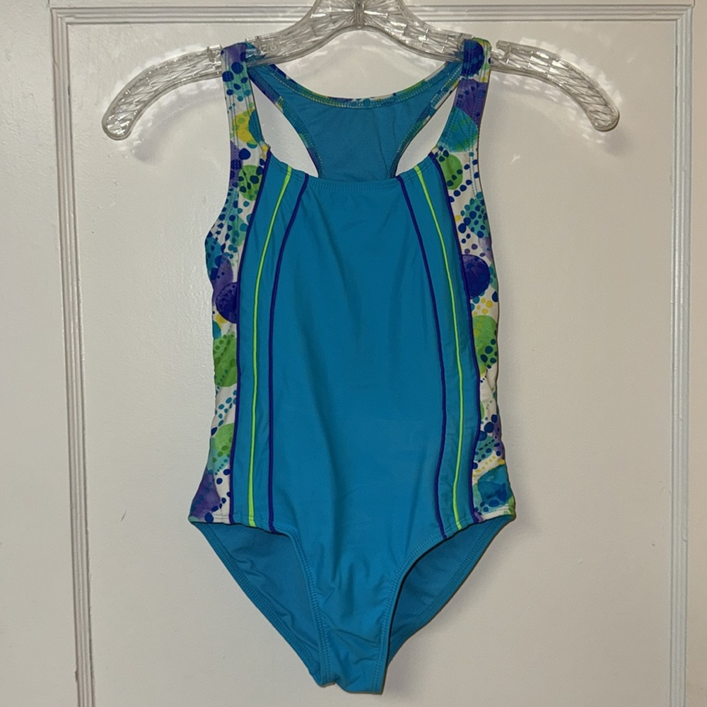 OP Girls 1-Piece Aqua Swimsuit Racerback Polka-Dot Bubbles Keyhole M Sz 7-8